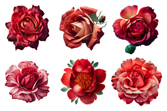 Assorted pink red roses on transparent PNG background. Flatlay top view of rose flowers. Created with Generative AI.	