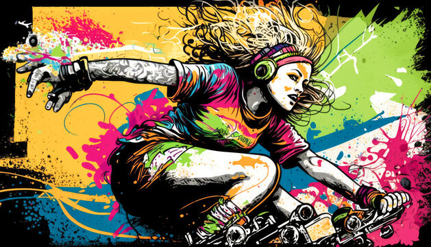 Street skater on a skateboard in a graffiti painting with action and paint splashes
