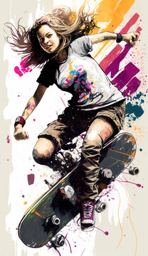 Street skater on a skateboard in a graffiti painting with action and paint splashes