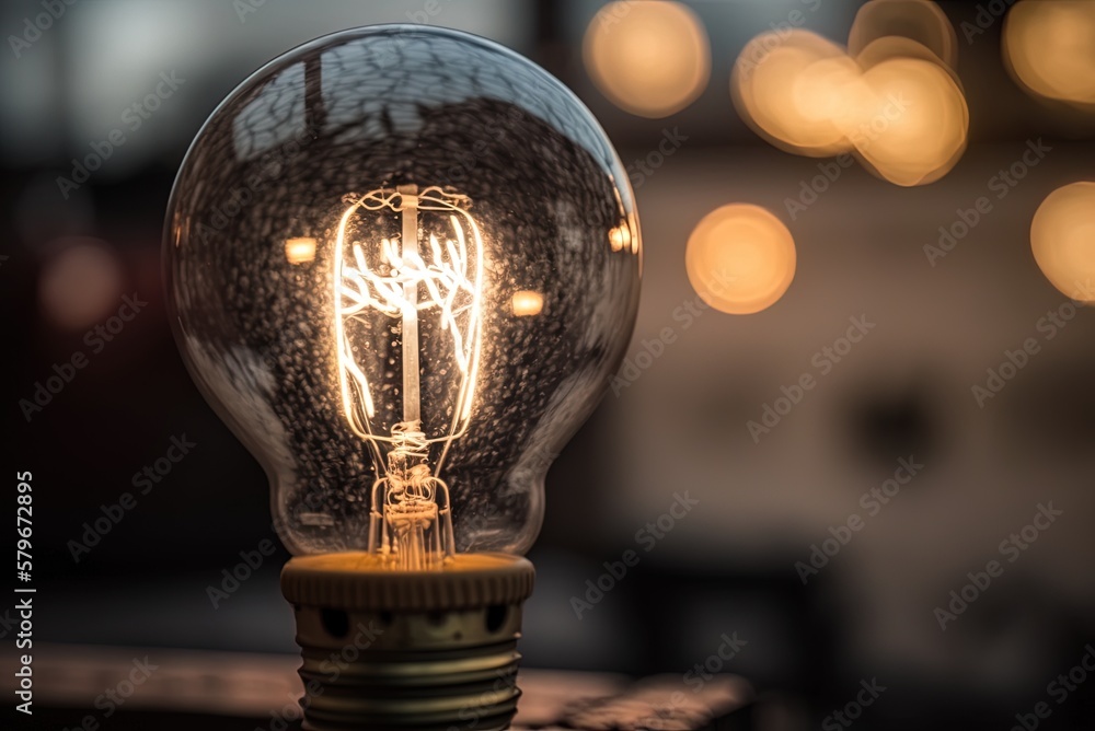 Poster blurred backdrop closeup of an illuminated, enormous lightbulb generative ai