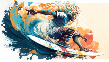 Surfer on a colorful wave visualized by graffitit art