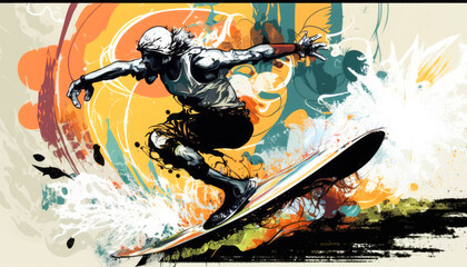 Surfer on a colorful wave visualized by graffitit art