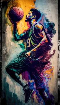 Street basket player in a colorful graffiti artwork with paint splats