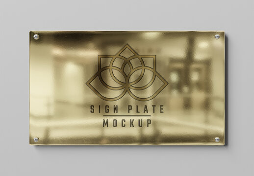 Gold Sign Plate on White Wall Mockup