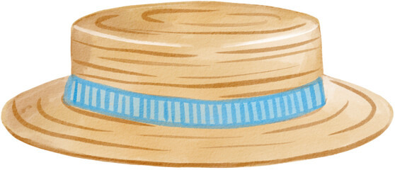 straw hat with blue ribbon watercolor png