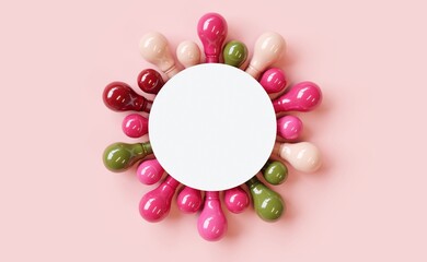 Creative layout made with colorful Light bulb pink shades color. Minimal pastel white background. Copy space paper card backdrop. 3D Render