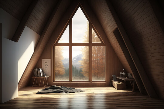 Minimalistic wooden interior, triangle shaped room indoors sunlight through window. Generative AI