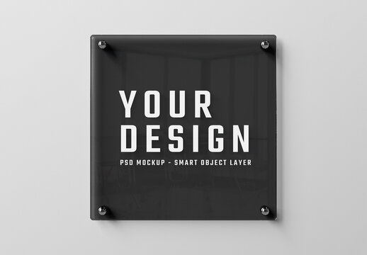 Black Squared Glass Sign Plate on White Wall Mockup