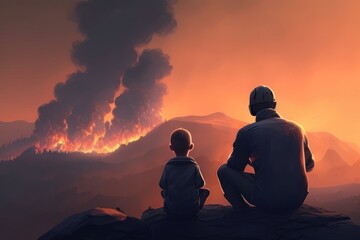 boy and his father sit on a rock overlooking a valley filled with smoke after a wildfire has burned through the area, concept, AI generation.