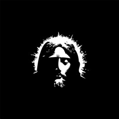 Jesus Christ face dotwork tattoo with dots shading, depth illusion, tippling tattoo. Handdrawing white emblem on black background for body art, minimalistic sketch monochrome logo.Vector illustration