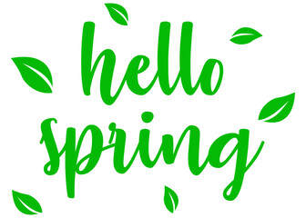 Logo aislado con letras del mensaje hello spring en texto manuscrito con silueta de hojas de árbol en color verde - obrazy, fototapety, plakaty