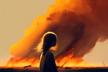 young girl watches as a wildfire burns in the distance, the smoke filling the air around her, concept, AI generation.