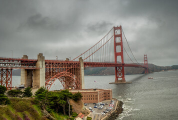 San Francisco Golden Gate Bridge at the state of California embedded in fog