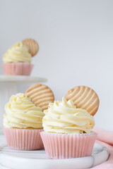 Pink cupcakes with tall american buttercream swirl and cookie garnish, cupcakes in pink liners with a tall vanilla buttercream and a cookie, birthday cupcakes on a white background