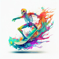 Skeleton surfing on ocean wave.