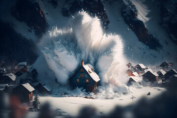 Collapse avalanche in the mountains on a group cluster village town, houses victims is covered by a powerful cloud of snow dust, a blizzard. Force of nature in the mountains. Generative AI