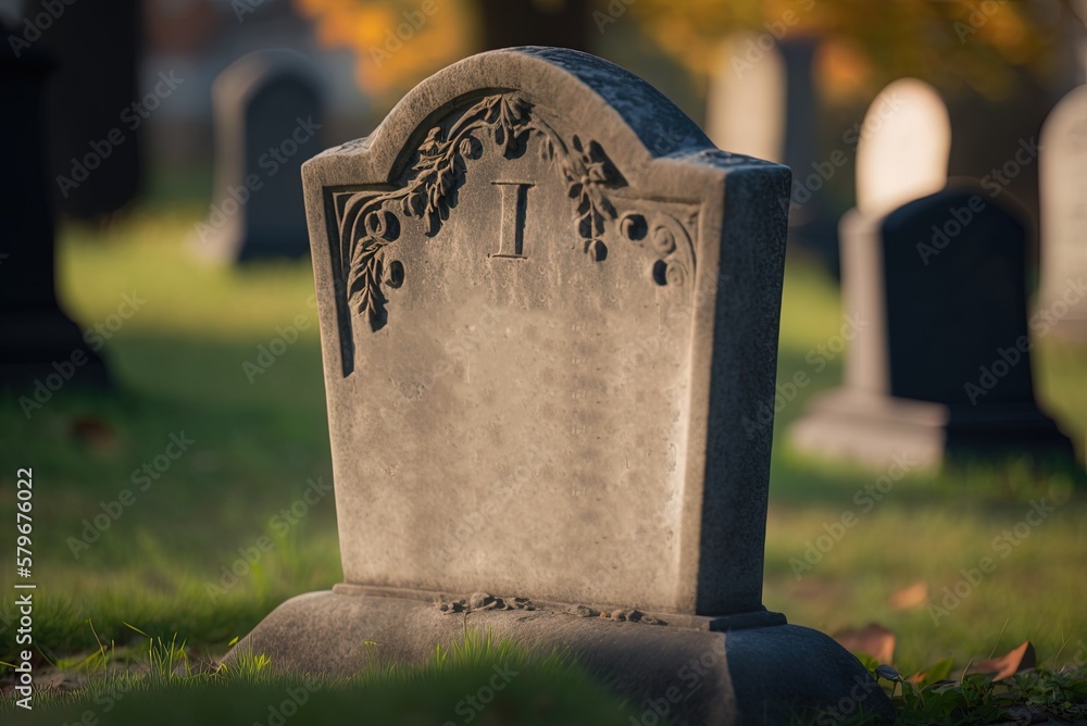 Poster a midday close-up of a tombstone against a fuzzy backdrop. generative ai