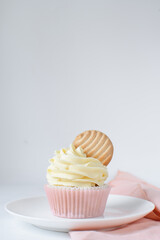 Pink cupcakes with tall american buttercream swirl and cookie garnish, cupcakes in pink liners with a tall vanilla buttercream and a cookie, birthday cupcakes on a white background
