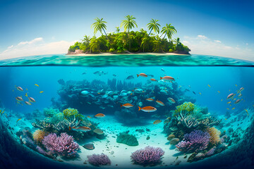Fototapeta na wymiar Tropical Island And Coral Reef, split view with waterline. Generative AI