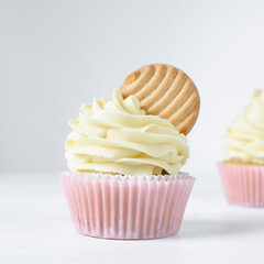 Pink cupcakes with tall american buttercream swirl and cookie garnish, cupcakes in pink liners with a tall vanilla buttercream and a cookie, birthday cupcakes on a white background