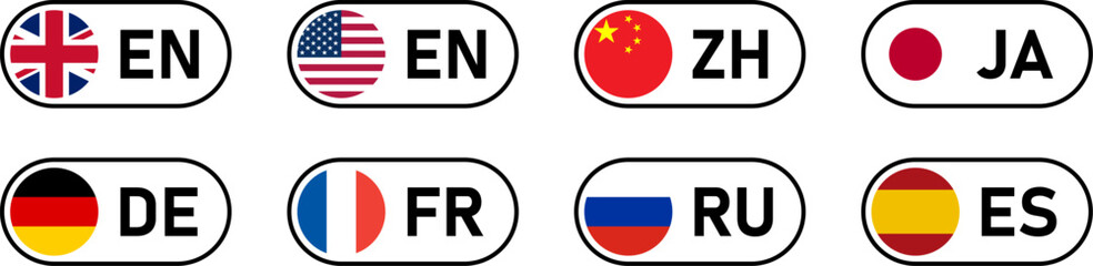 Toggle Slider Style Flag Icon Set of China Germany USA United States of America UK United Kingdom Spain France Japan and Russia Flag Button Signs with Language Codes. Vector Image.