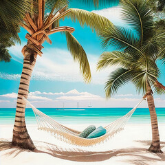Summer landscape, hot sunny day on the beach, rest by palm trees on deck chairs. Sea shore and hot sand, it's time to travel. Generative AI.