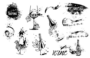 Wine tasting - hand drawn line art of wine, bottles and glasses. Art for menu, shop, market or sale. Wine bottles with wine stains. Sketchy black edition of grape leaves and different wine elements.