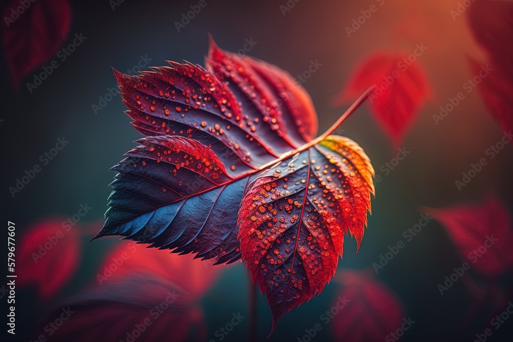 Poster a hazy backdrop and a close-up of a vivid crimson fall leaf generative ai