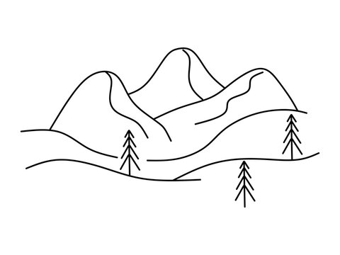 Hand drawing landscape mountain. Outline landscape in minimal style illustration isolated on white background. Vector illustration