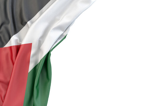 Flag of Palestine in the corner on white background. 3D rendering. Isolated