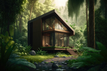 Cozy modern house in deep jungle. Generative AI