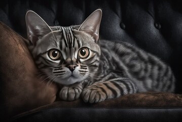 Fototapeta na wymiar A close-up of a black leather sofa with a white European shorthair cat sleeping on it. Generative AI