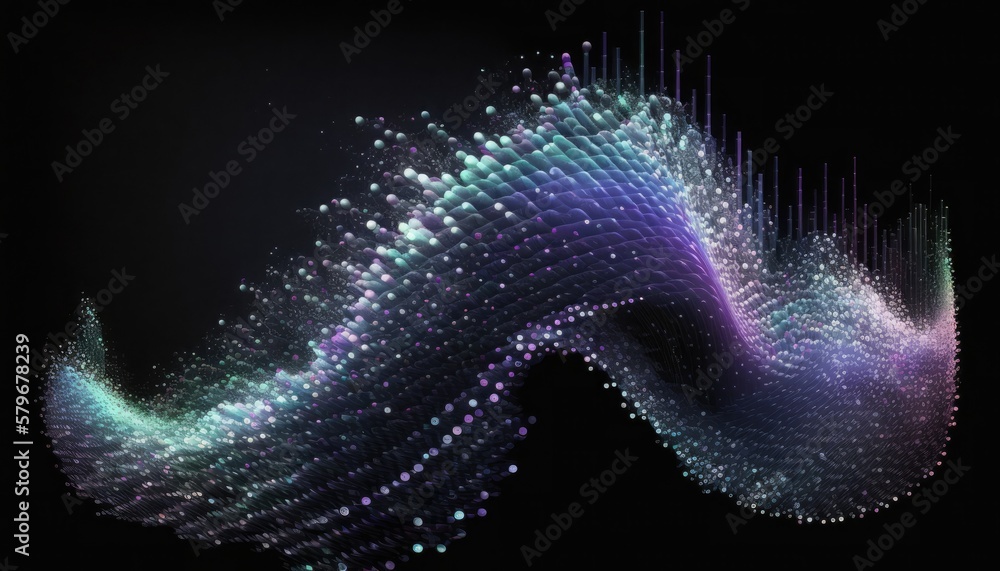 Poster abstract digital spectral colors wave with flowing small particles dance motion on wave on dark blac