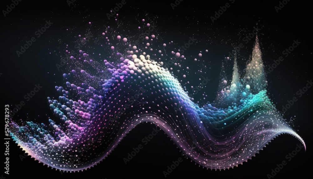 Poster abstract digital spectral colors wave with flowing small particles dance motion on wave on dark blac