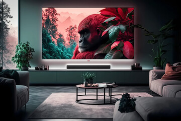 Beautiful bed room with big tv. Interior design. Generative ai.