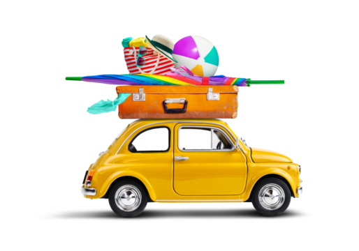 Retro yellow car with luggage and beach equipment on the roof. Summertime vacation road trip concept. - Powered by Adobe