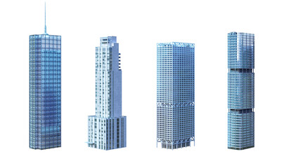 Skyscrapers, business towers, office, residential, commercial tall buildings set. Modern eco cityscape 3D render design element. Smart city megapolis town skyscraper icons isolated, transparent PNG - obrazy, fototapety, plakaty