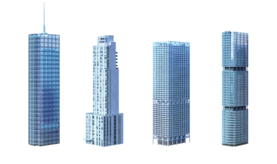 Fotobehang Skyscrapers, business towers, office, residential, commercial tall buildings set. Modern eco cityscape 3D render design element. Smart city megapolis town skyscraper icons isolated, transparent PNG © Corona Borealis