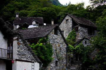 Fototapeta na wymiar Ancient Stone Houses in Foroglio, Ticino, Switzerland 