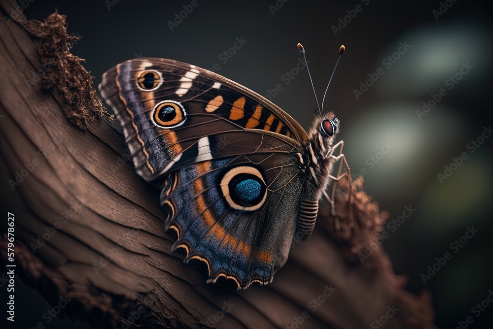 Poster photographic macro of a butterfly perched on a branch generative ai
