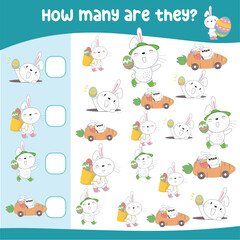Mathematics activity page with cute and kawaii rabbits and chicks. Calculate and write the result. How many worksheets. Educational printable math for children. Vector file.