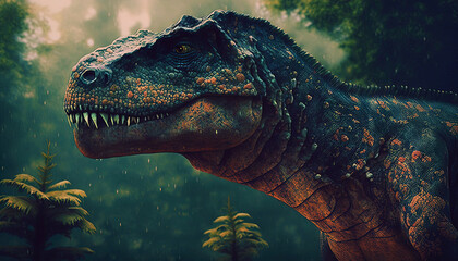 Closeup on head with sharp teeth of carnivorous dinosaur. Prehistoric predator. Generative AI - obrazy, fototapety, plakaty