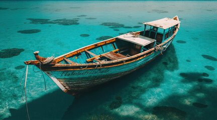 Fototapeta na wymiar Wooden fishing boat in paradise turquoise waters. Tropical sea landscape with boat. Generative AI