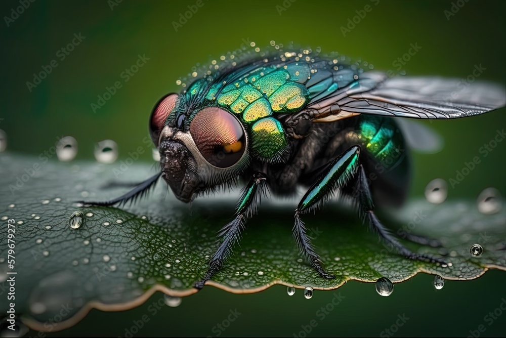 Poster a macro photograph of a fly resting on a dew-soaked leaf generative ai