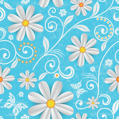 Fototapeta na wymiar Vector seamless bright blue spring pattern with white daisies and butterflies