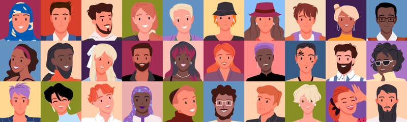 Different people in square avatars vector illustration. Cartoon portraits of multicultural diverse team of happy female and male adult characters with smiles on young faces, cute man and woman