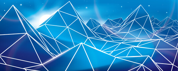 Abstract outlines illustration. Neon glow. White lines mountain landscape, low poly modeling, crystals on blue background, vector design art  - 579679647