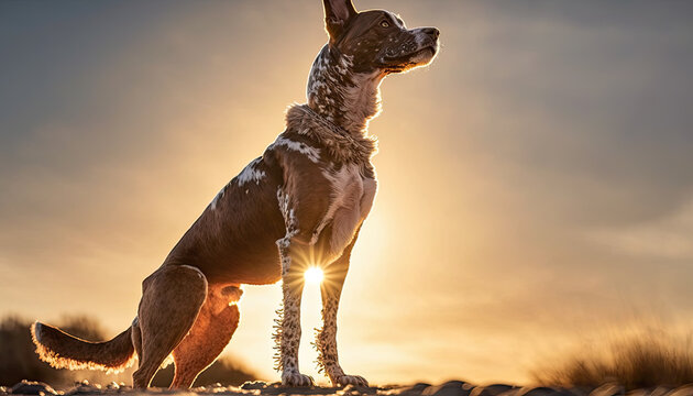 dog at sunset created with Generative AI technology