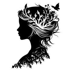 Silhouette of queen face or head side view. Elegant female character with hairdo, royal person black shadow, clipart or sticker. Young woman bride or lady wear tiara or crown black vintage portrait.
