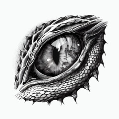 Dragon or dinosaur monster eye tattoo, sketch, tshirt print. Vector monochrome reptile eyeball and spiky skin. Realistic sketch of black and white fantasy creature pupil. Mythical animal eye drawing